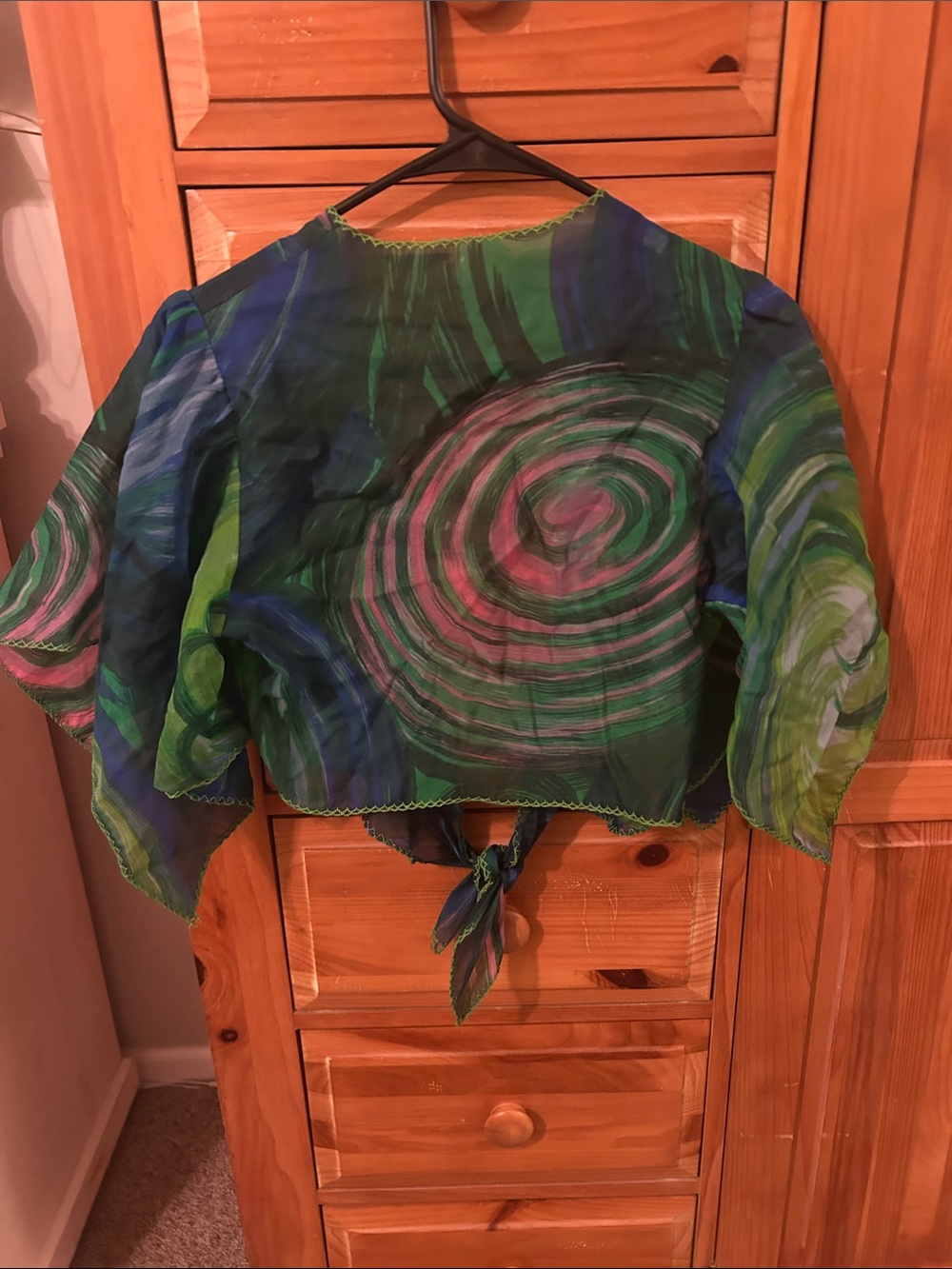 Sheer Silk Scarf Top in Green with Pink & Blue Swirls - Picture 2 of 3